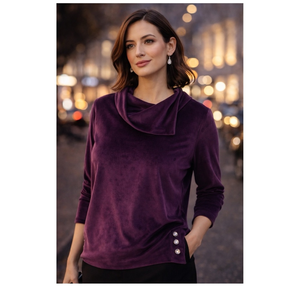 Velour Cowl Neck Top Sz L Plum Purple Rhinestone Detail Cozy Quiet Luxury Plush